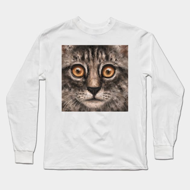 Close Up Painting of a Gray Kitten Face with It's Big Orange Eyes Long Sleeve T-Shirt by ibadishi